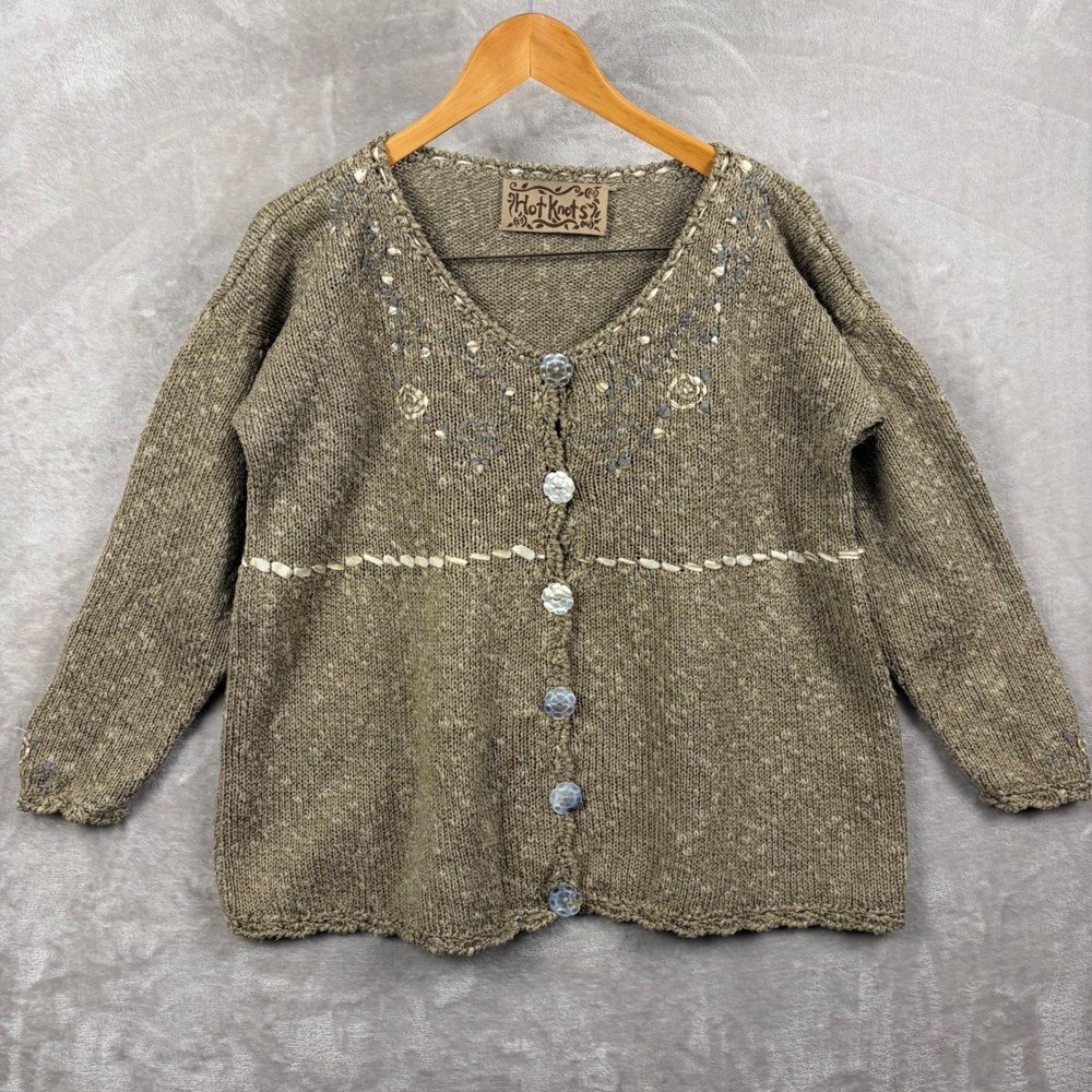 Hot Knots Cardigan Women's M Linen Blend Textured Hand Made In USA Green Vintage